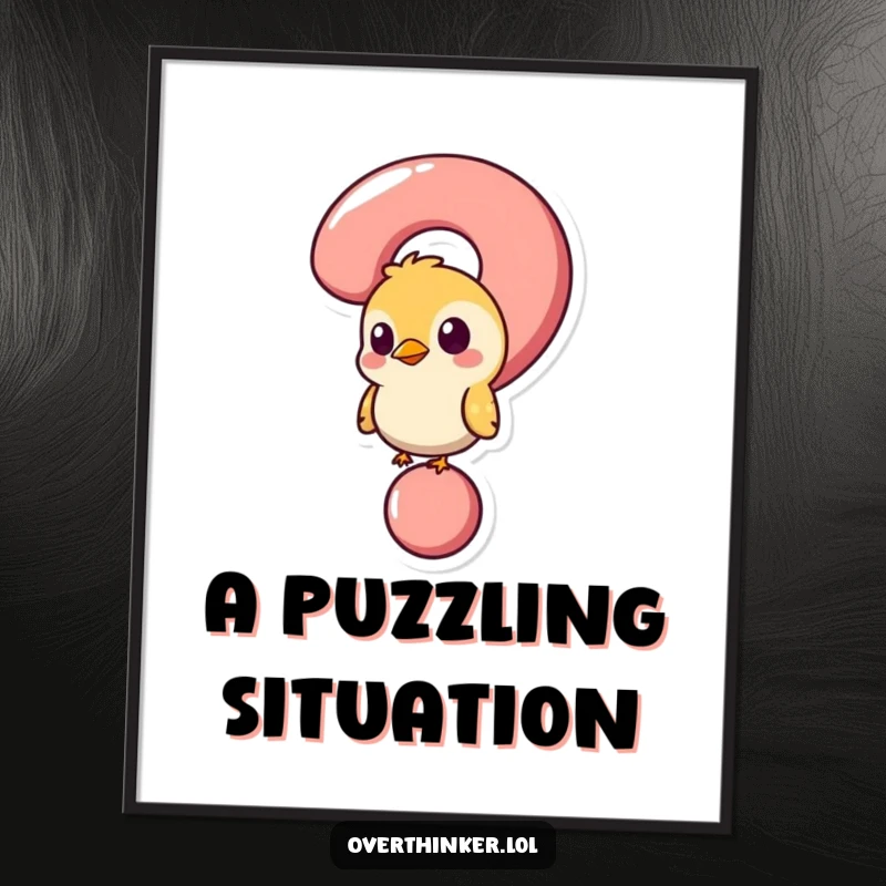 Funny digital art print of a bird stuck in a question mark, adding whimsical curiosity and playful humor to wall decor.