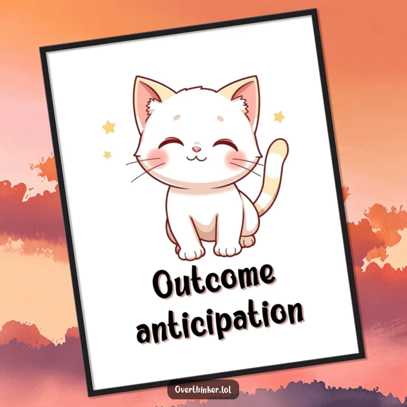 Funny digital art print of a cat with a twitching tail, anticipating multiple outcomes, ideal for decor.