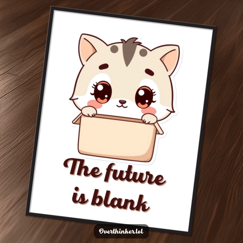 Funny kawaii digital art print of a cute animal character wide-eyed, pondering an empty box, a charming and printable piece about curiosity.
