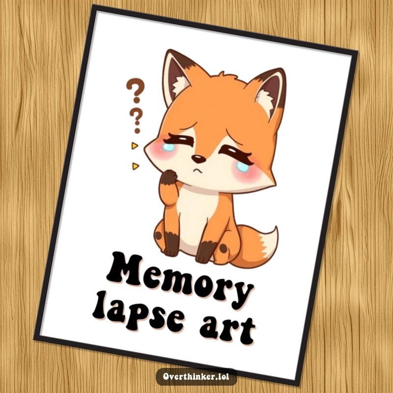 Funny digital art print of a fox sweating, trying hard to recall a forgotten name. Instant, humorous decor symbolizing memory struggles.