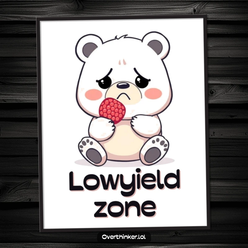 Funny digital art print of a frowning bear holding one tiny berry, conveying minimalist disappointment.