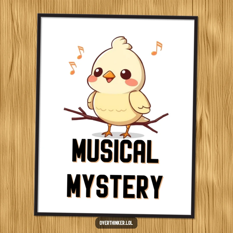 Funny Kawaii bird digital art print, a cute character mid-song, hilariously forgetting the ending, perfect for humorous wall decor.