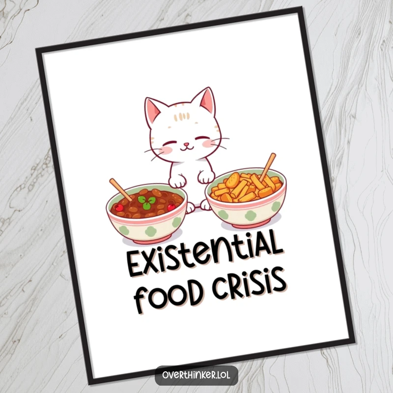 Funny Kawaii cat digital art print depicting a cute cat looking between two identical food bowls, perfect for humorous decor.