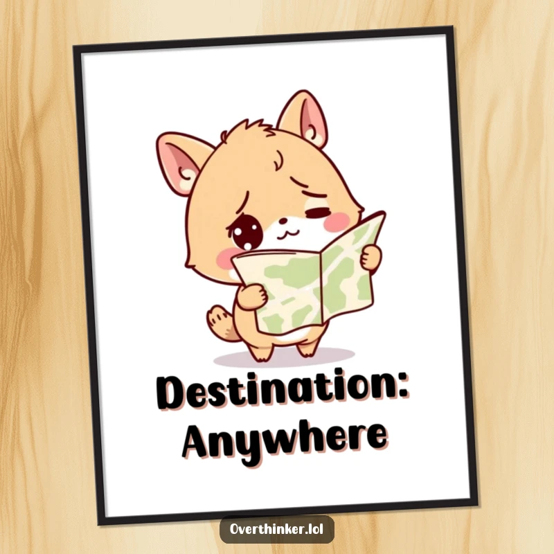 Funny digital art print of a cute, confused animal character holding a map upside down, looking hilariously lost and bewildered.