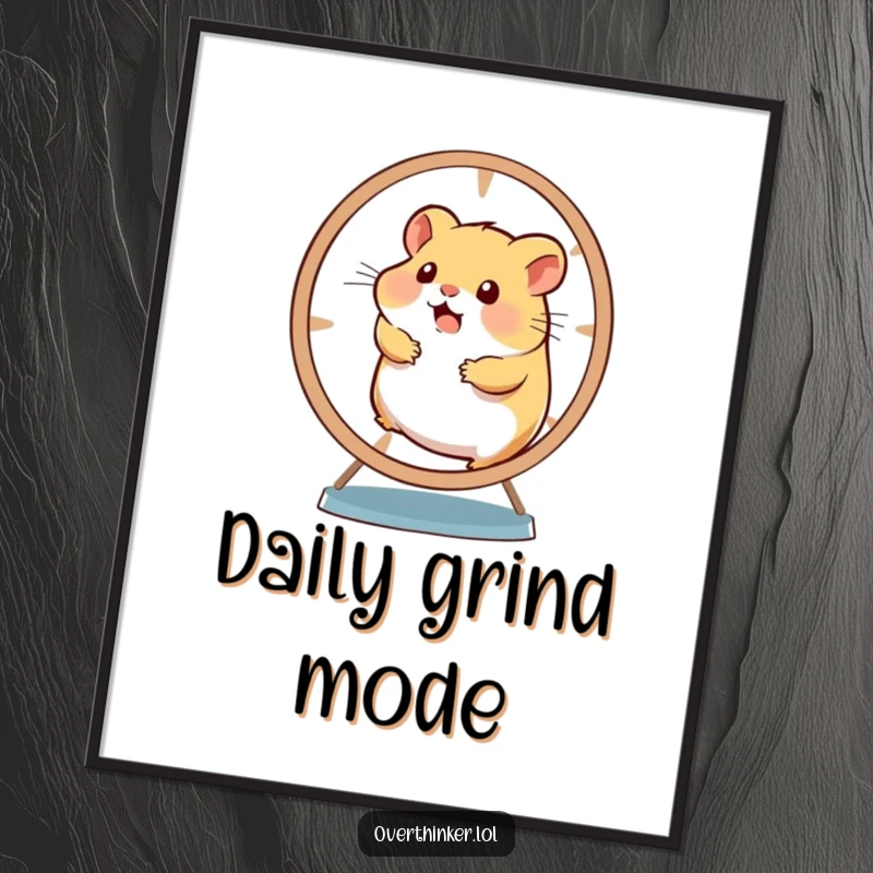 Funny digital art print of a hamster running frantically on a wheel, portraying a humorous sense of being overwhelmed.