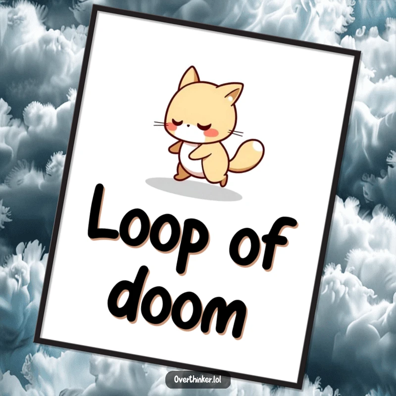 Funny digital art print of an animal character pacing in a circle, symbolizing contemplation and nervous energy.