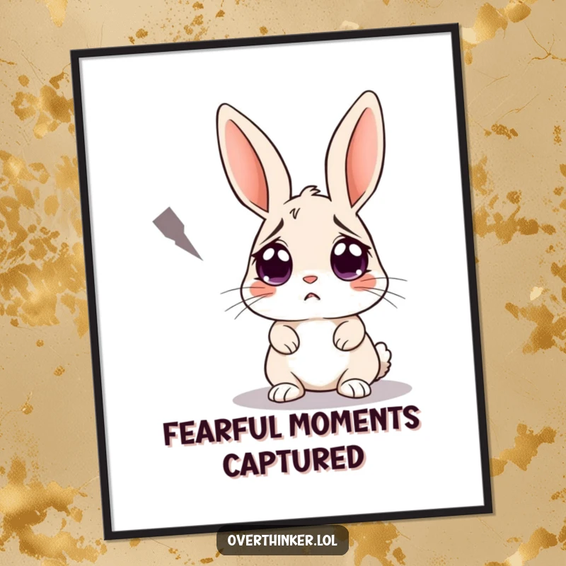 Funny digital art print of a rabbit with wide, fearful eyes staring at an approaching shadow. Instant, humorous decor capturing anxiety.