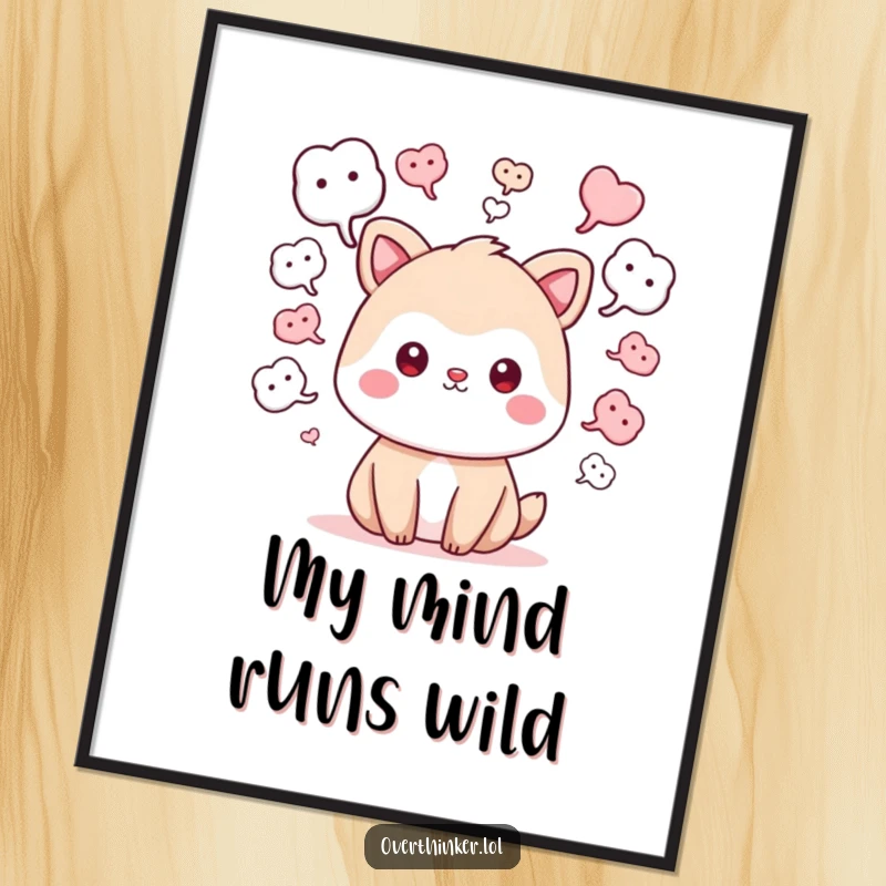 Funny kawaii digital art print of a cute animal character with 'what if' thought bubbles, a charming and printable piece about imagination.