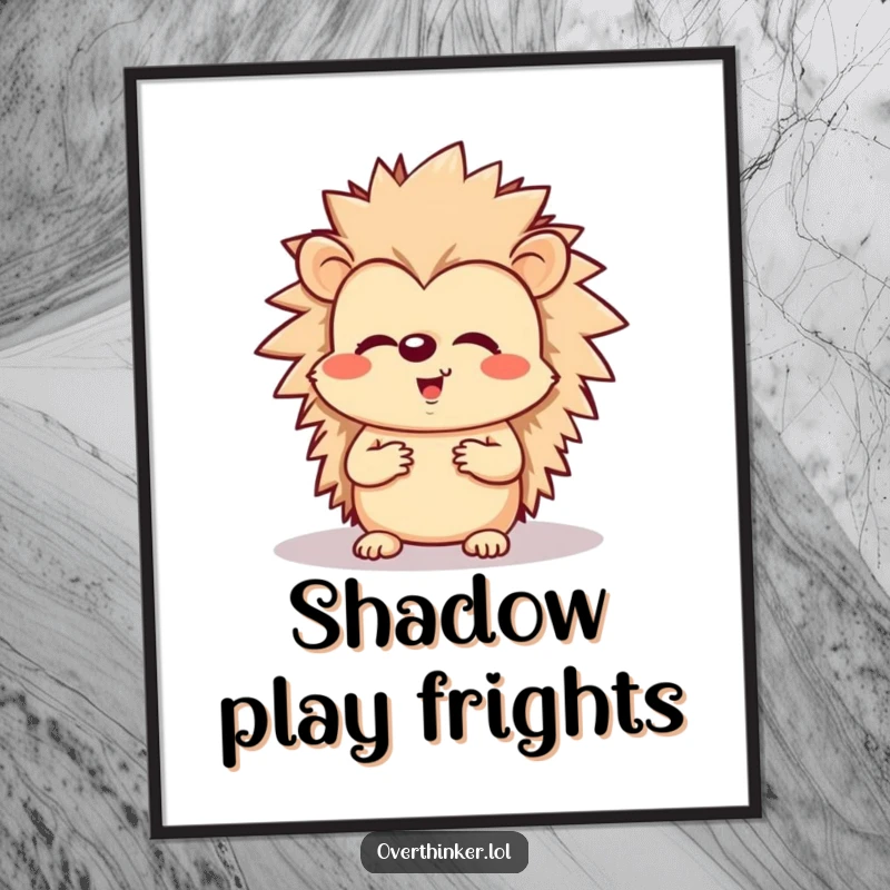 Funny digital art print of a cheerful hedgehog looking worriedly at its own shadow.