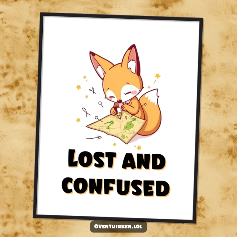 Funny fox digital art print of a frantic character drawing paths on a tiny map, offering humorous and adventurous decor. Great gift.