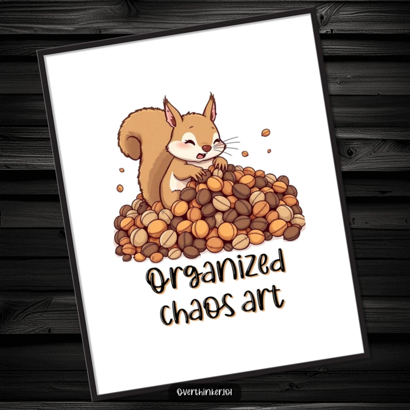 Funny digital art print of a cute squirrel overwhelmed by a huge pile of nuts, looking stressed. Instant, humorous decor for any room.