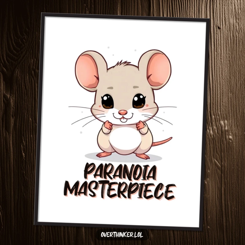 Funny digital art print of a mouse with darting eyes, sensing imagined dangers, ideal for decor.