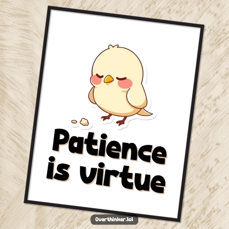 Funny digital art print of a bird character nervously pecking at an unmoving crumb, capturing a moment of intense, comical focus.