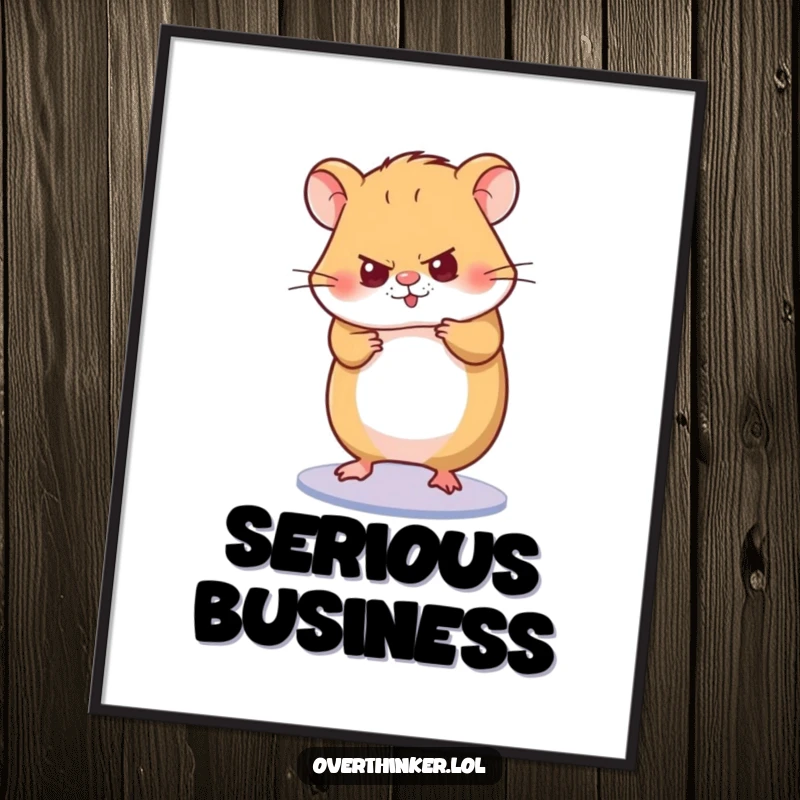 Funny digital art print of a hamster character spinning its wheel with intense concentration, representing dedication and focused effort.