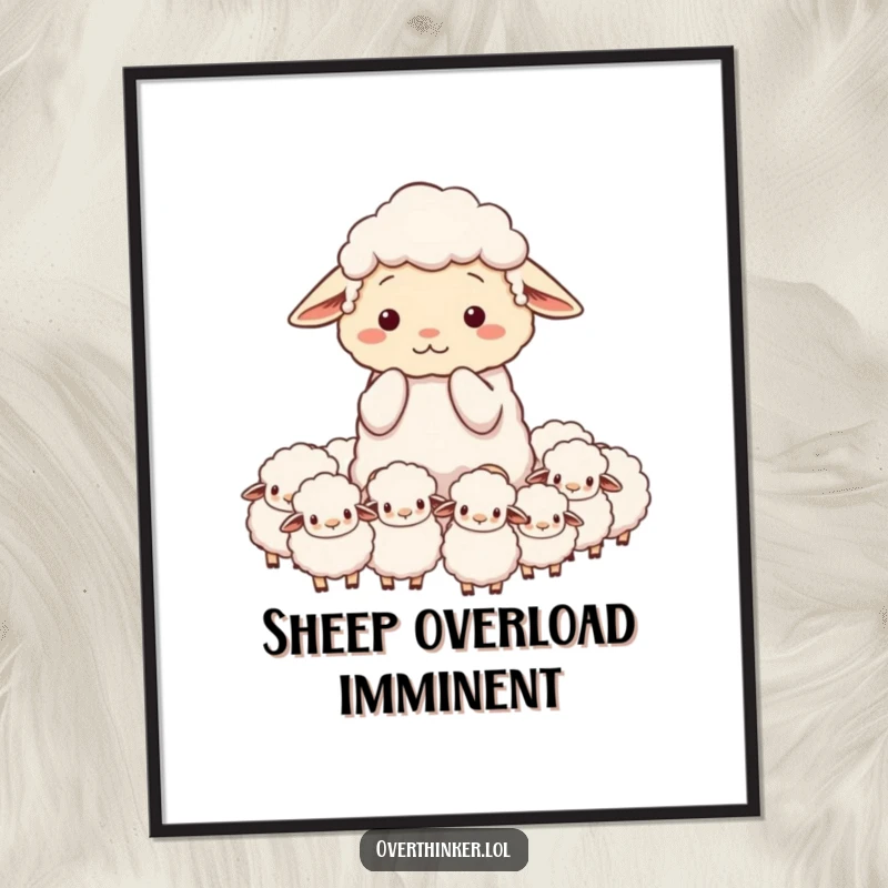 Funny digital art print of a sheep character looking stressed while counting an excessive amount of sheep, symbolizing overwhelm.