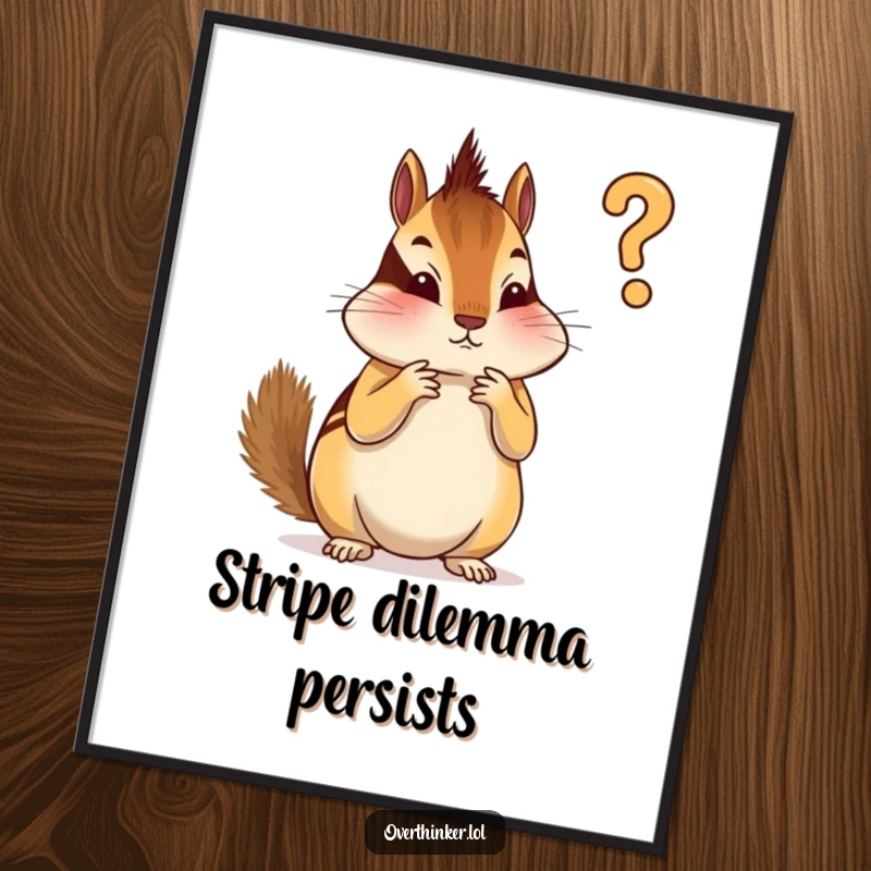 Funny digital art print of an overthinking chipmunk trying to decide which stripe to paint first, representing detailed planning.