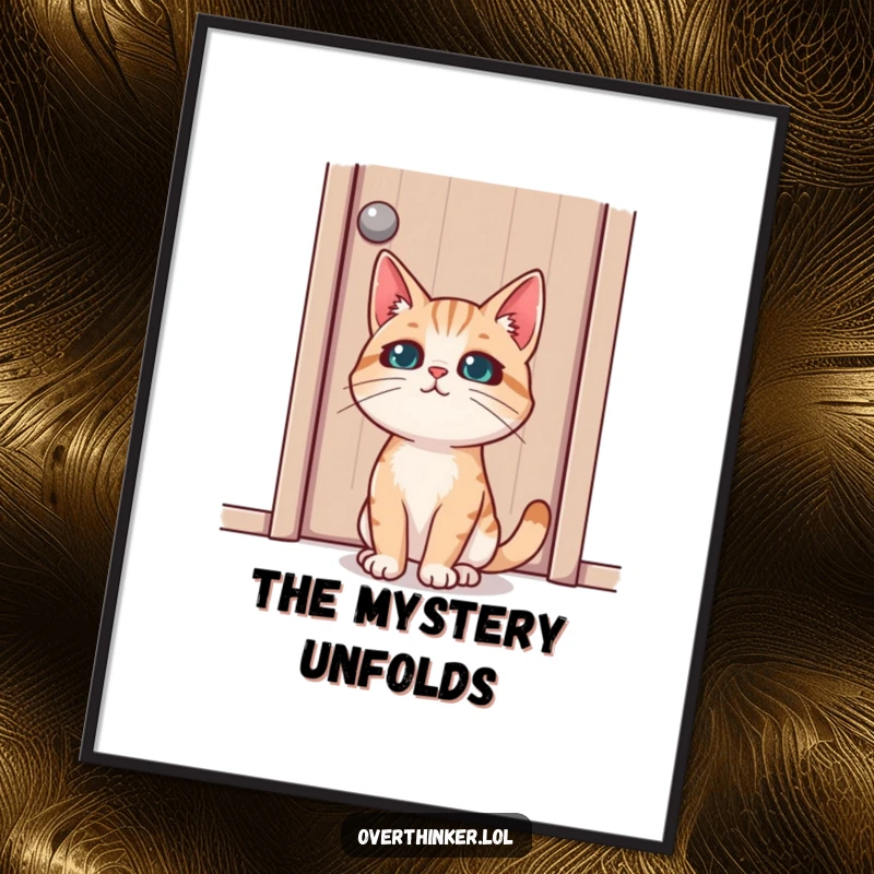 Funny digital art print showing a cat character with deep concentration staring intently at a closed door, evoking curiosity and suspense.