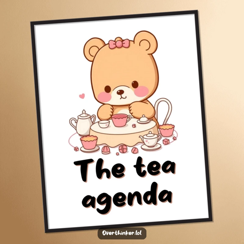 Funny Kawaii bear digital art print depicting a meticulous character planning a tea party, ideal for humorous decor.