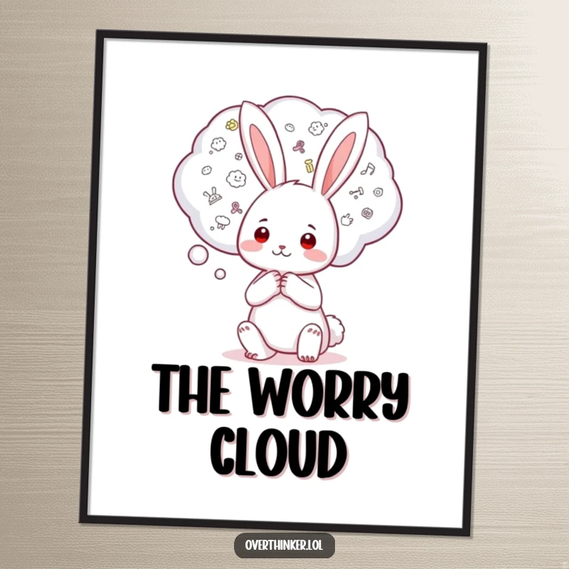 Funny Kawaii rabbit digital art print depicting a character holding a large thought bubble filled with numerous tiny worries, perfect for humorous decor.
