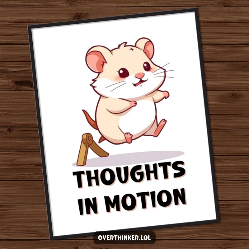 Funny digital art print of a hamster running on a wheel with a thoughtful expression, symbolizing contemplation and mental activity.