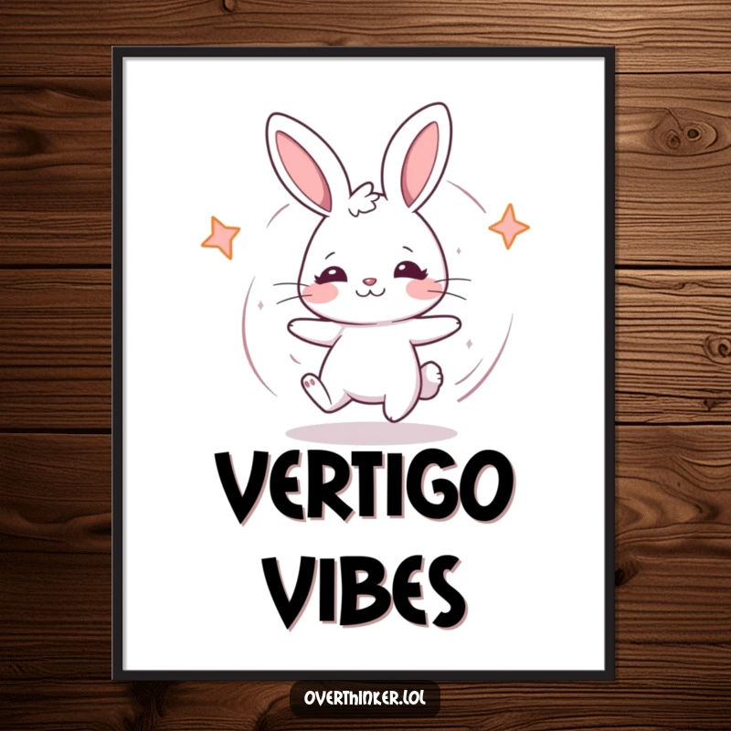 Funny Kawaii rabbit digital art print depicting a cute rabbit spinning in confusion, perfect for humorous decor.