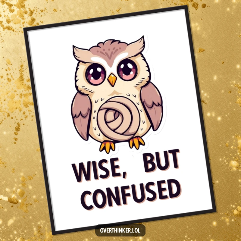 Funny Owl Digital Art Print: a wide-eyed owl contemplating a tiny knot, humorous downloadable wall art.