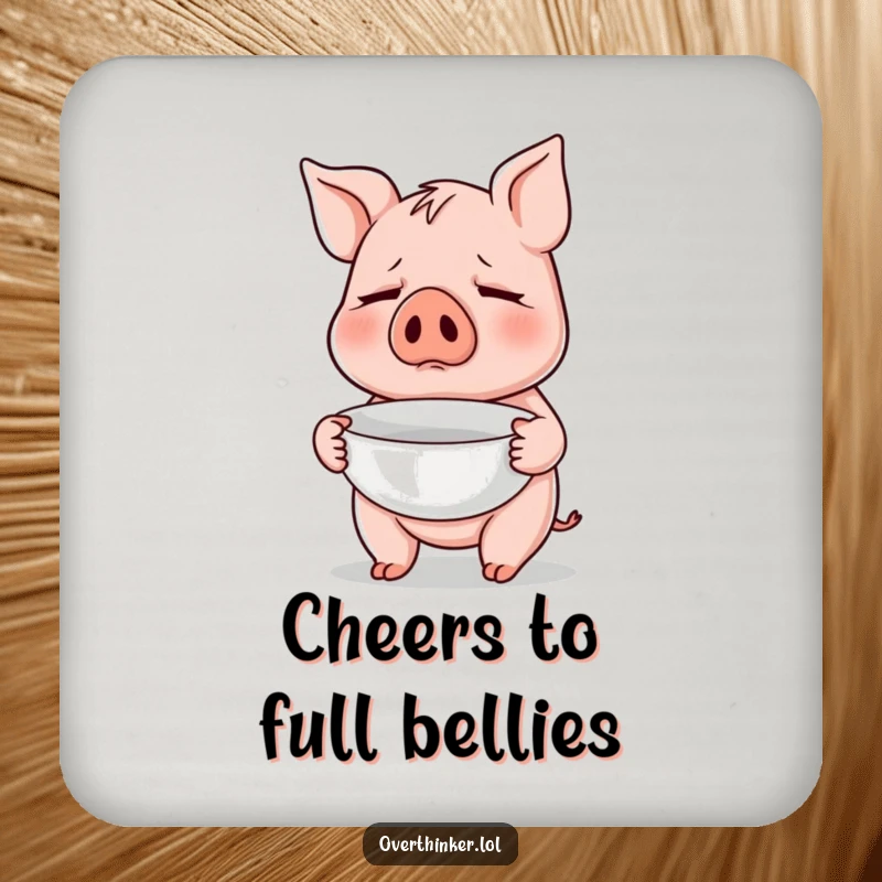 Funny drink coasters with a pig nervously holding an empty bowl, adding humor and protection to tabletops for food enthusiasts.