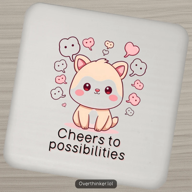 Funny kawaii drink coaster featuring a cute animal character with 'what if' thought bubbles, protecting surfaces with charm and humor.