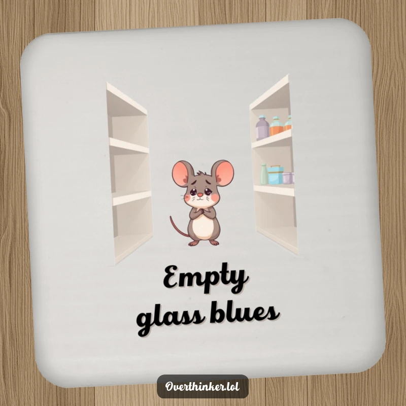 Funny coasters depicting a worried mouse and an empty pantry, adding humorous protection to surfaces.