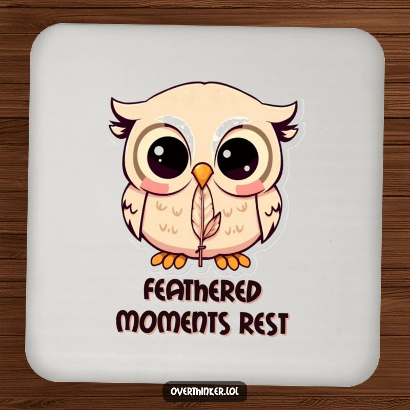 Funny Kawaii owl drink coaster with a cute owl intensely staring at a feather, perfect for surface protection and humor.