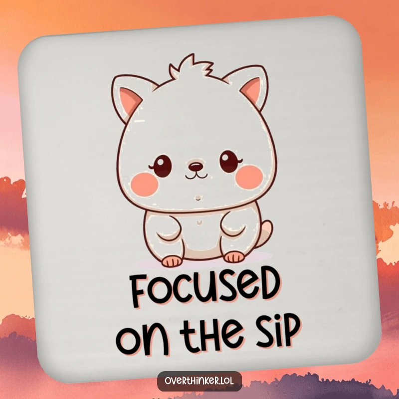 Funny kawaii drink coaster featuring a cute animal character staring intently at a tiny speck, protecting surfaces with focus and humor.