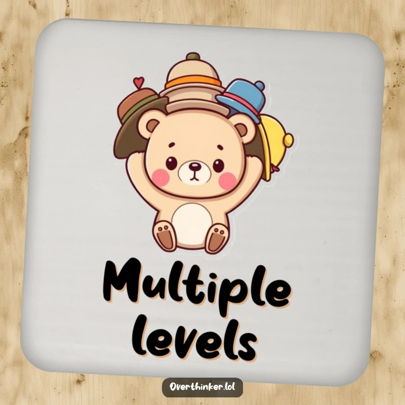 Funny drink coaster featuring a cute bear character humorously balancing an assortment of hats on its head, protecting surfaces with humor.