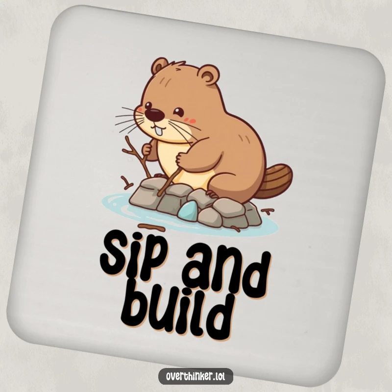 Funny coasters depicting a beaver using tiny twigs for dam building, adding humorous charm and protection to surfaces.