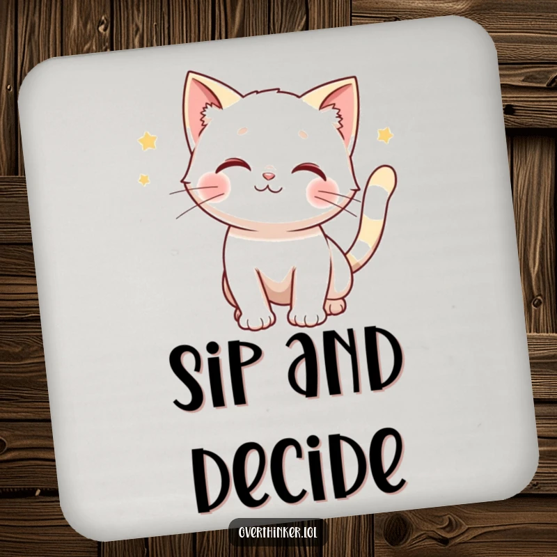 Funny drink coaster with a cat whose tail is twitching, anticipating multiple outcomes, protecting surfaces.