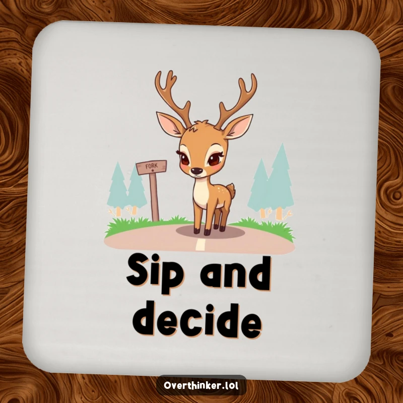 Funny drink coaster featuring a deer intensely pondering a fork in the road. Protects surfaces with a humorous and thoughtful design.