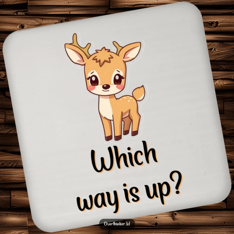 Funny drink coaster showcasing a deer character with a confused expression observing its own tail, offering humorous surface protection.