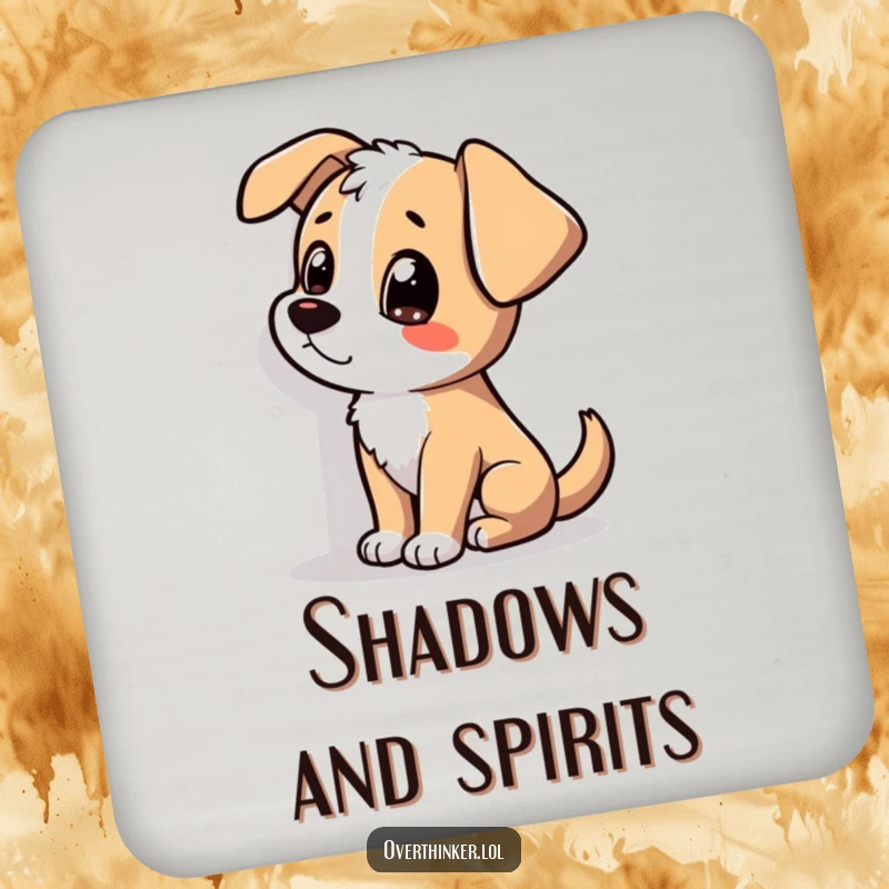 Funny drink coasters with a dog tilting its head and staring at a wall shadow, adding humor and protection to tabletops.
