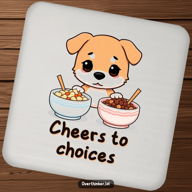 Funny drink coaster featuring a dog looking confused between two identical bowls of food.
