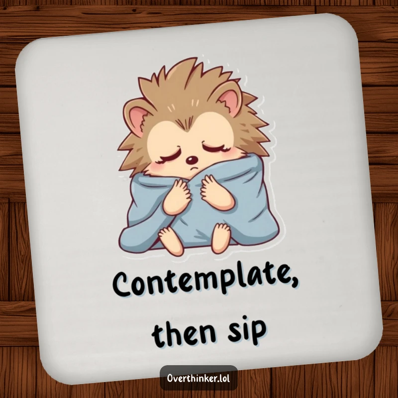Funny drink coaster with a hedgehog wrapped in blankets, symbolizing anxious contemplation, protecting surfaces.