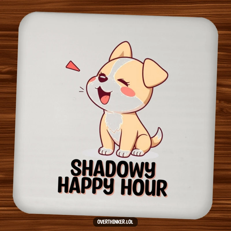 Funny Kawaii dog drink coaster, a cute character barking at its own shadow, protecting surfaces with humorous bravery.