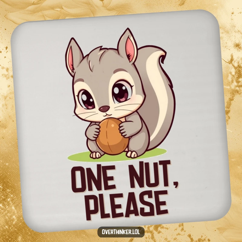 Funny Kawaii squirrel drink coaster with oversized eyes staring at a nut, offering whimsical protection for tables with a humorous design.