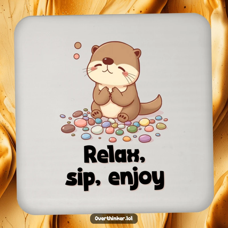 Funny drink coaster depicting an overthinking otter humorously sorting pebbles, protecting surfaces with a delightful and witty design for any table.
