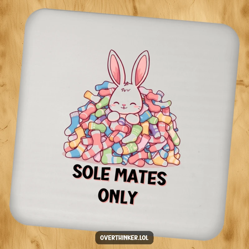 Funny rabbit coasters featuring a rabbit overwhelmed by a huge pile of mismatched socks, protecting surfaces with a dose of humor.