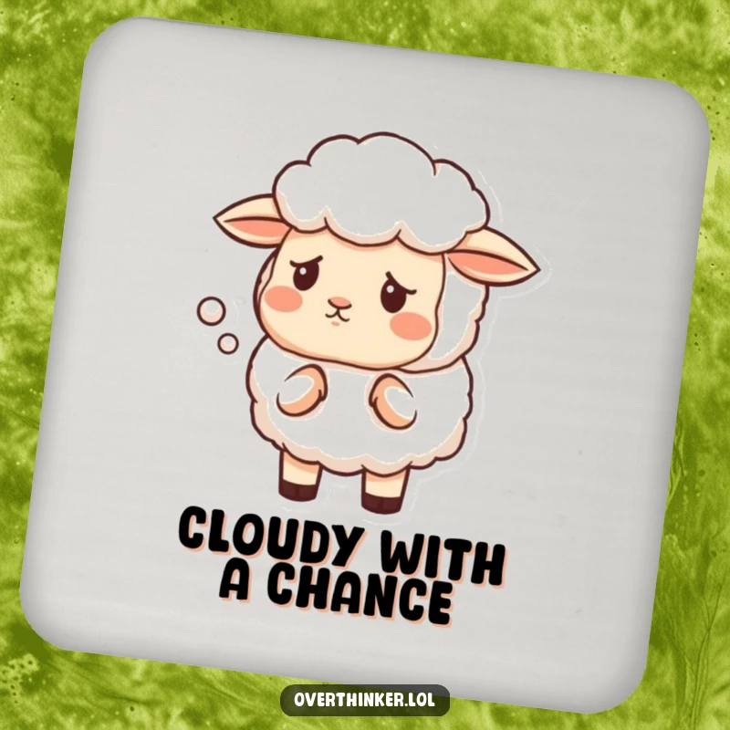 Funny drink coaster with a sheep having a furrowed brow, questioning the shape of a cloud, protecting surfaces.