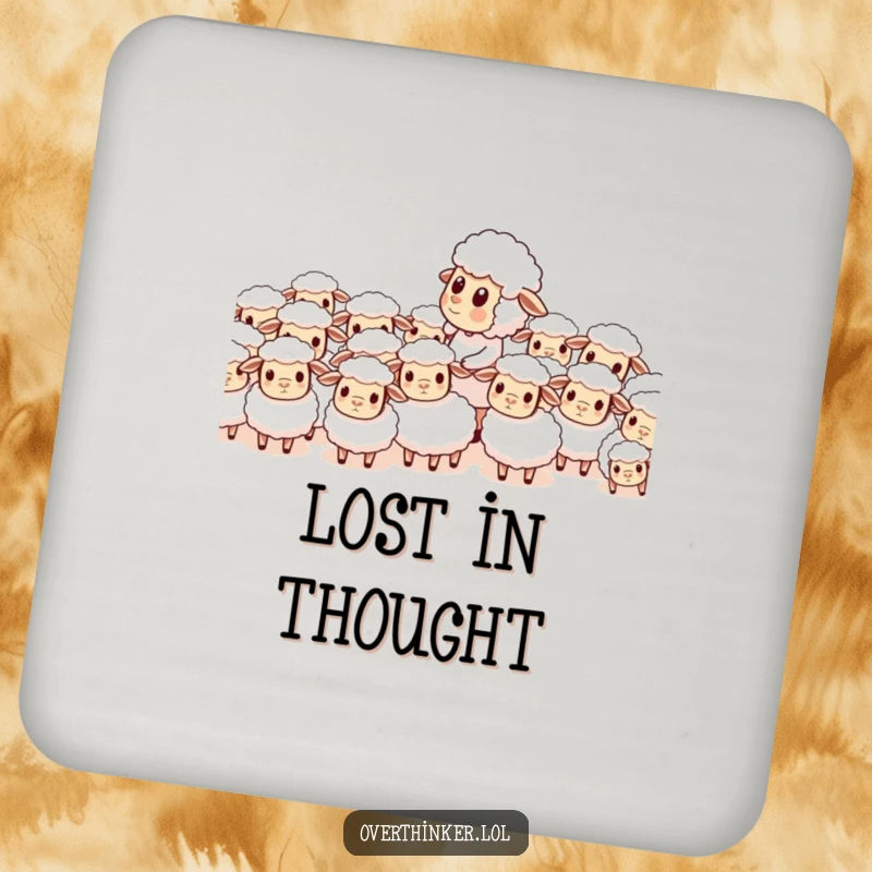 Funny drink coaster featuring a sheep character trying to count a herd of confused sheep, symbolizing chaos and surface protection.