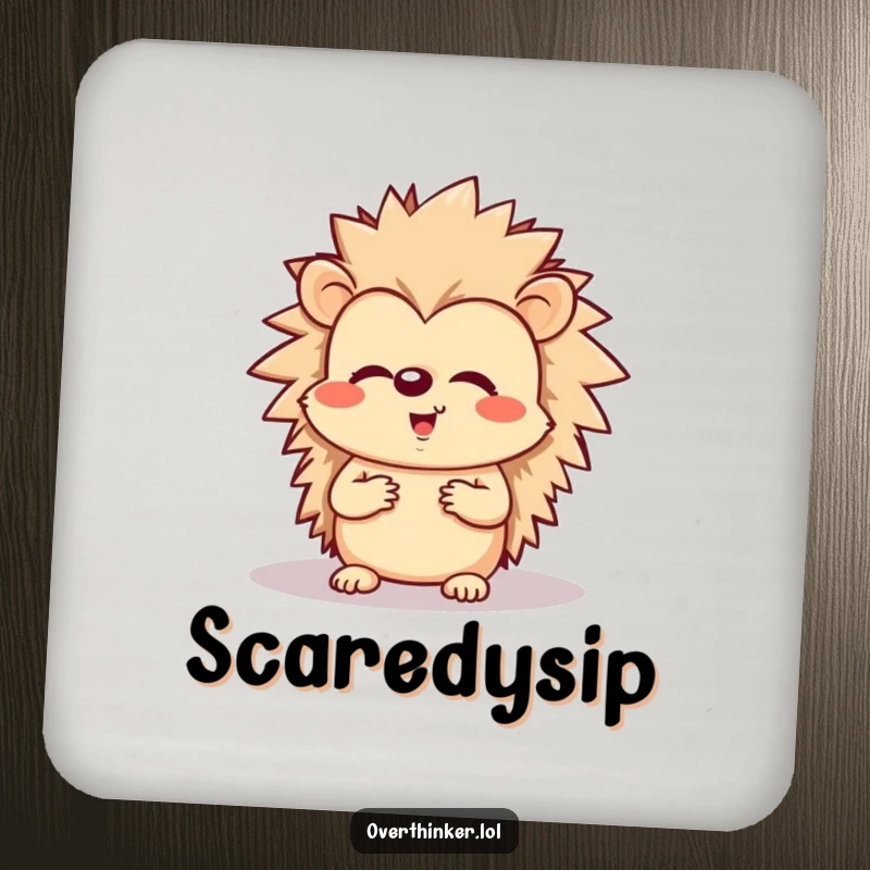 Funny drink coaster showing a cheerful hedgehog looking worriedly at its shadow.