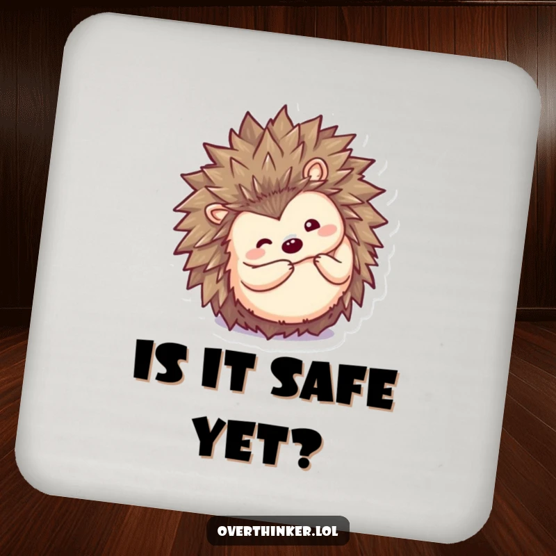 Funny Kawaii hedgehog drink coaster, a cute character curling into a ball then peeking out inquisitively, protecting surfaces with humor.
