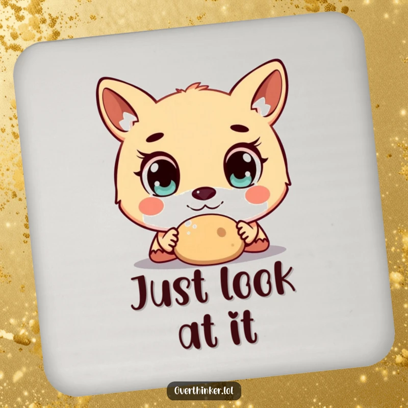 Funny drink coasters showing an animal character with huge, wide eyes staring intently at a simple object, protecting your table.