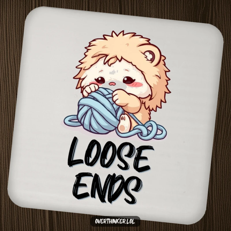 Funny coaster art of a fluffy creature struggling with a ball of yarn, a cute addition for crafters.