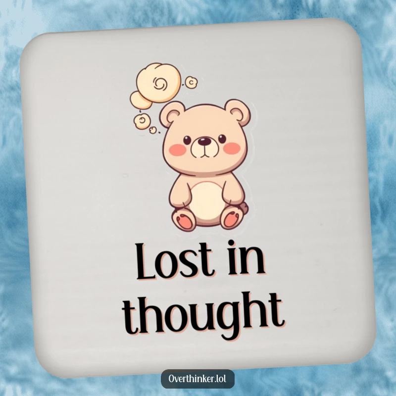 Funny bear coasters featuring a cute character with swirling thought bubbles, offering humorous protection for surfaces. Ideal gift.